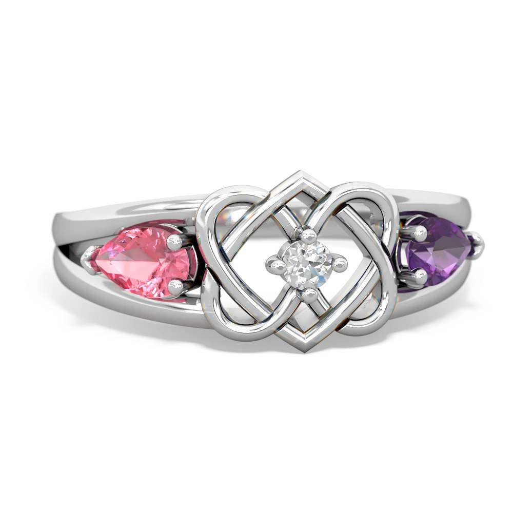 Lab Pink Sapphire Hearts Intertwined 14K White Gold ring R5880