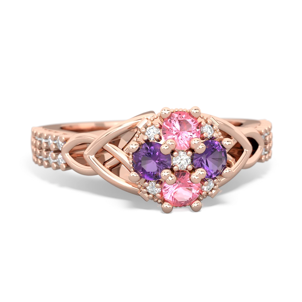 Lab Pink Sapphire Celtic Knot Cluster Engagement 14K Rose Gold ring R26443RD