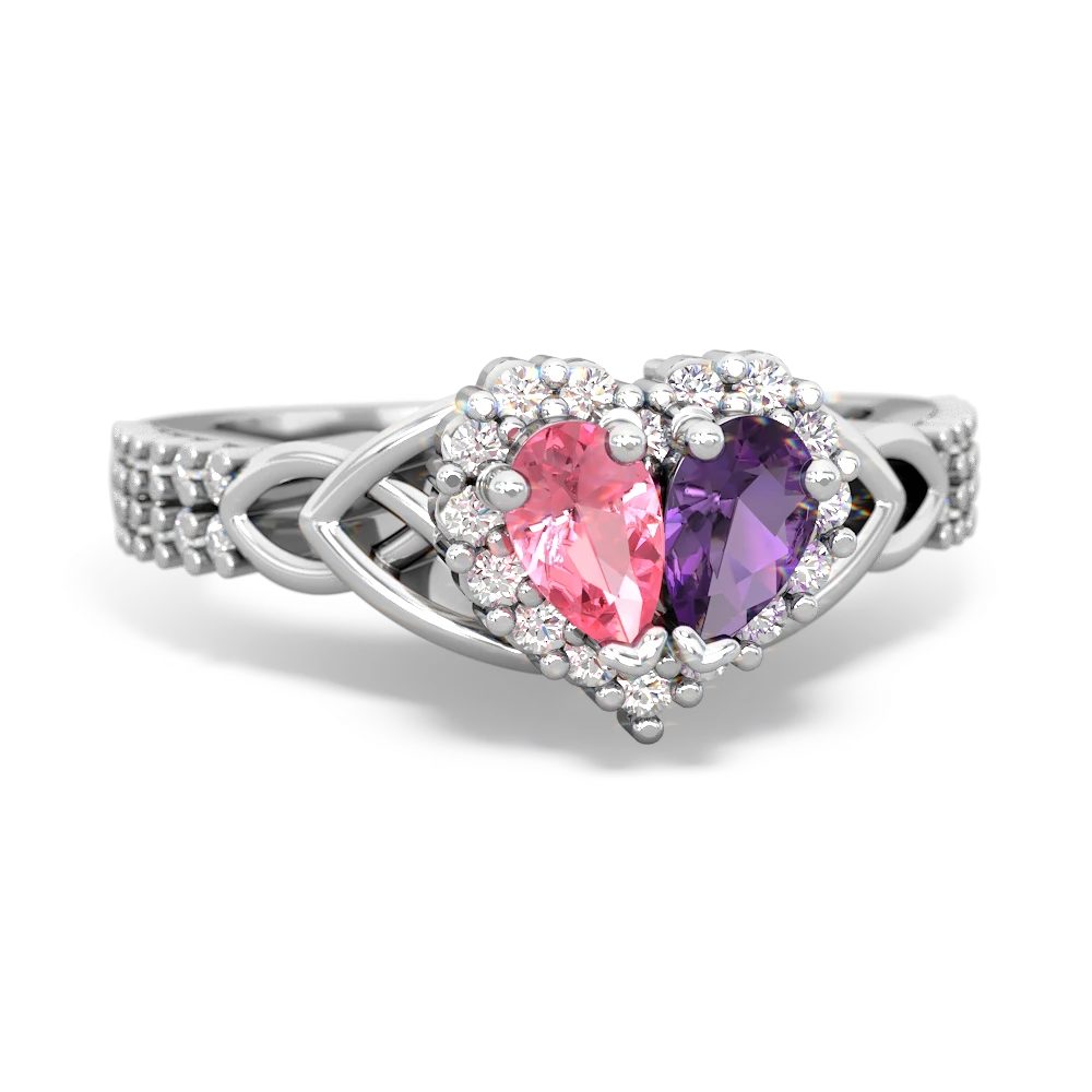 Lab Pink Sapphire Celtic Knot Two Hearts As One 14K White Gold ring R2644HRT