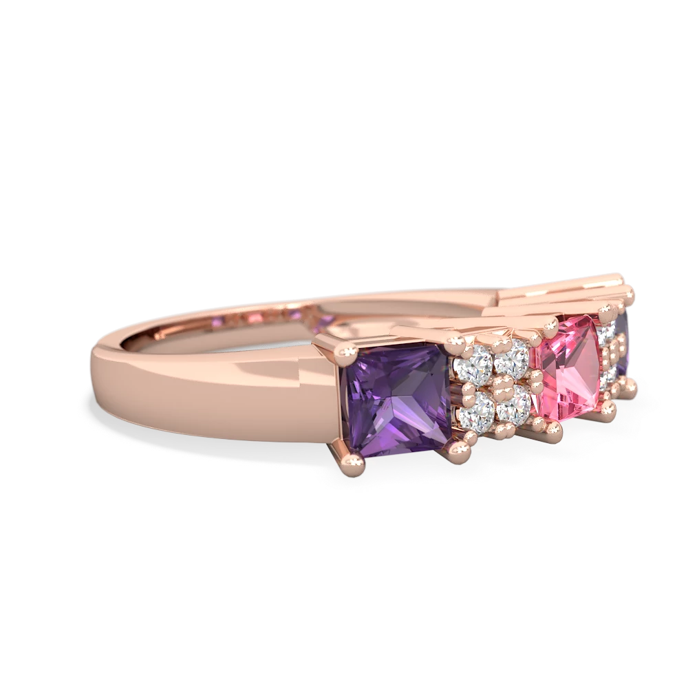 Lab Pink Sapphire Three Stone Diamond Cluster 14K Rose Gold ring R2592