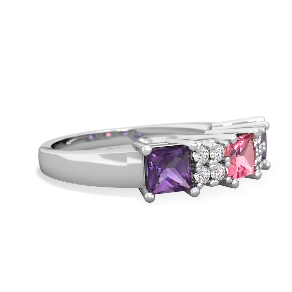 Lab Pink Sapphire Three Stone Diamond Cluster 14K White Gold ring R2592