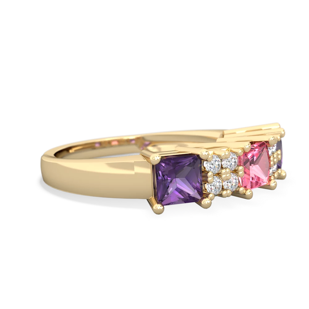 Lab Pink Sapphire Three Stone Diamond Cluster 14K Yellow Gold ring R2592