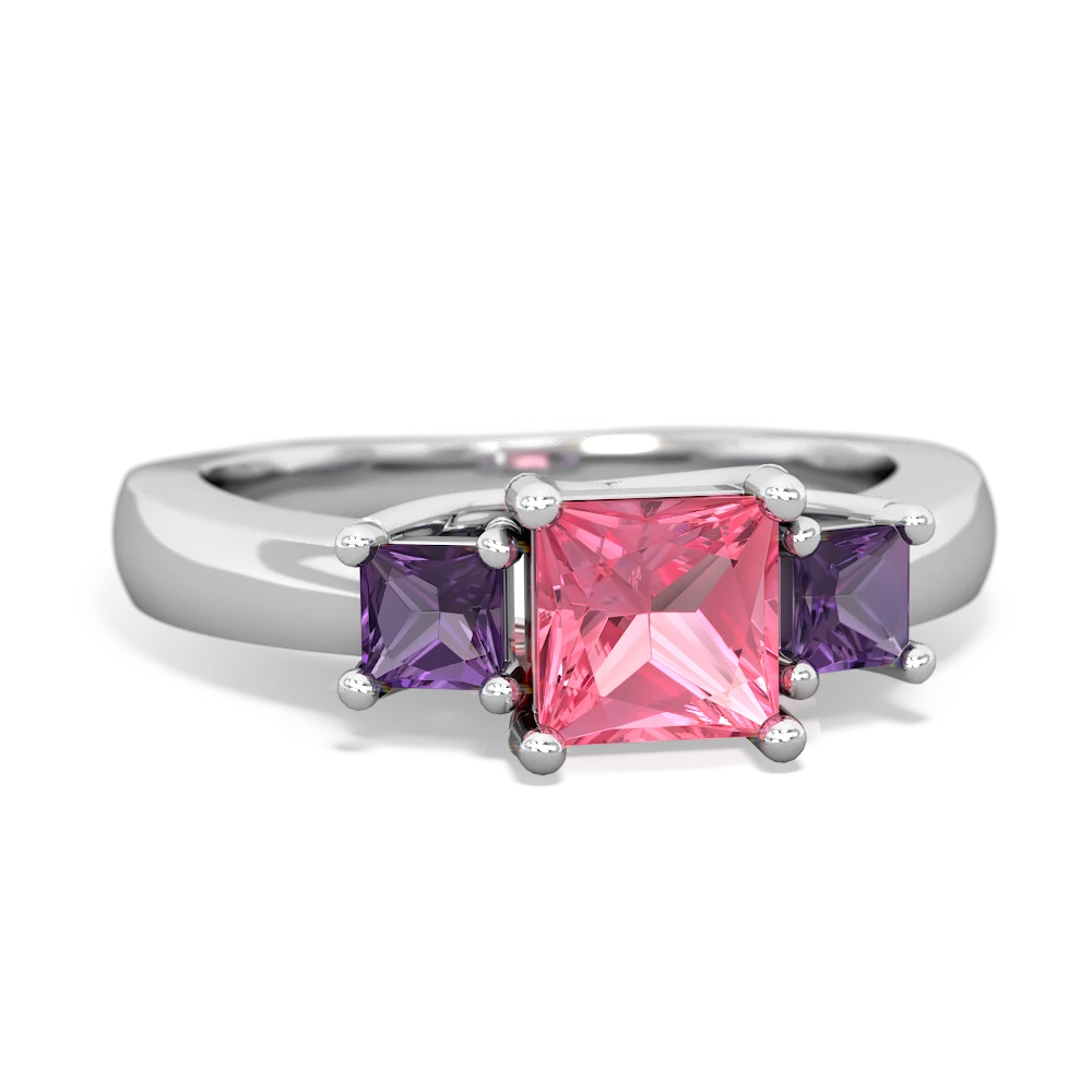 Lab Pink Sapphire Three Stone Trellis 14K White Gold ring R4015