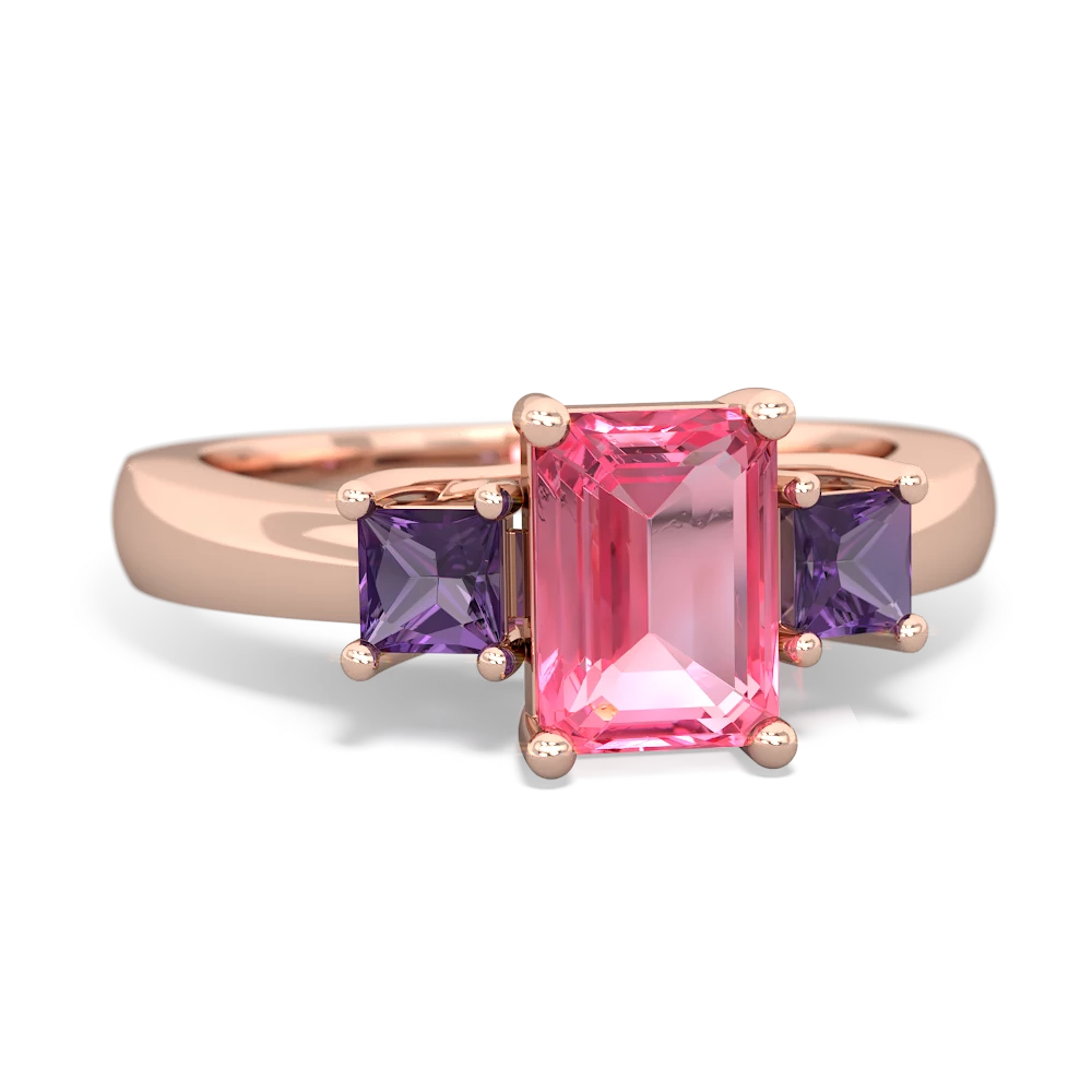 Lab Pink Sapphire Three Stone Emerald-Cut Trellis 14K Rose Gold ring R4021