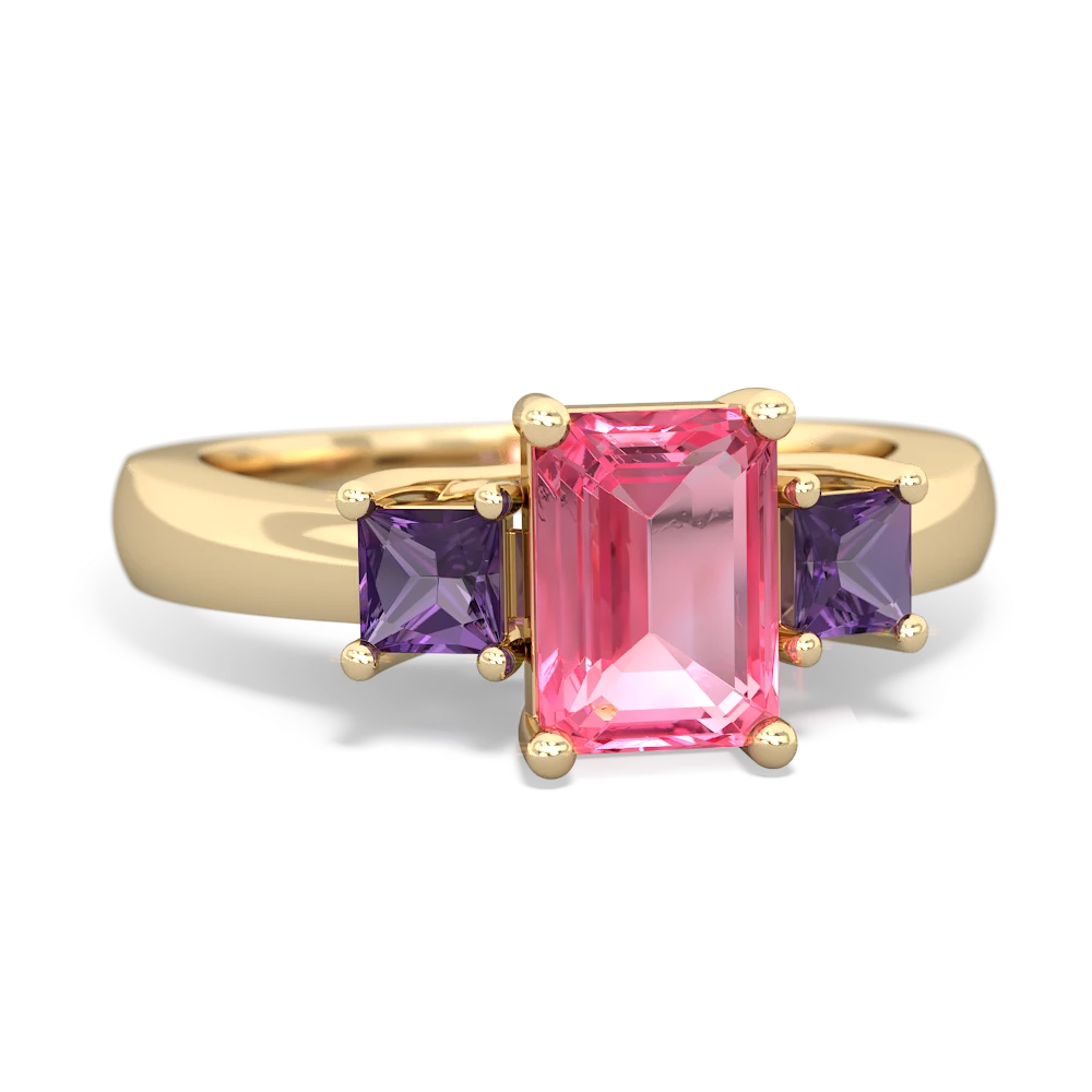 Lab Pink Sapphire Three Stone Emerald-Cut Trellis 14K Yellow Gold ring R4021