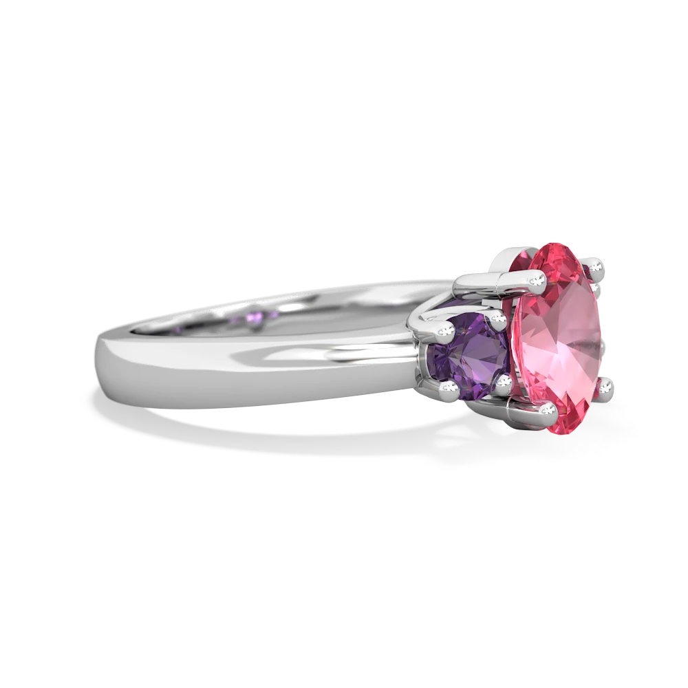 Lab Pink Sapphire Three Stone Oval Trellis 14K White Gold ring R4024