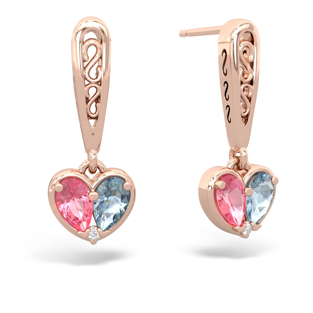 Lab Pink Sapphire Filligree Heart 14K Rose Gold earrings E5070