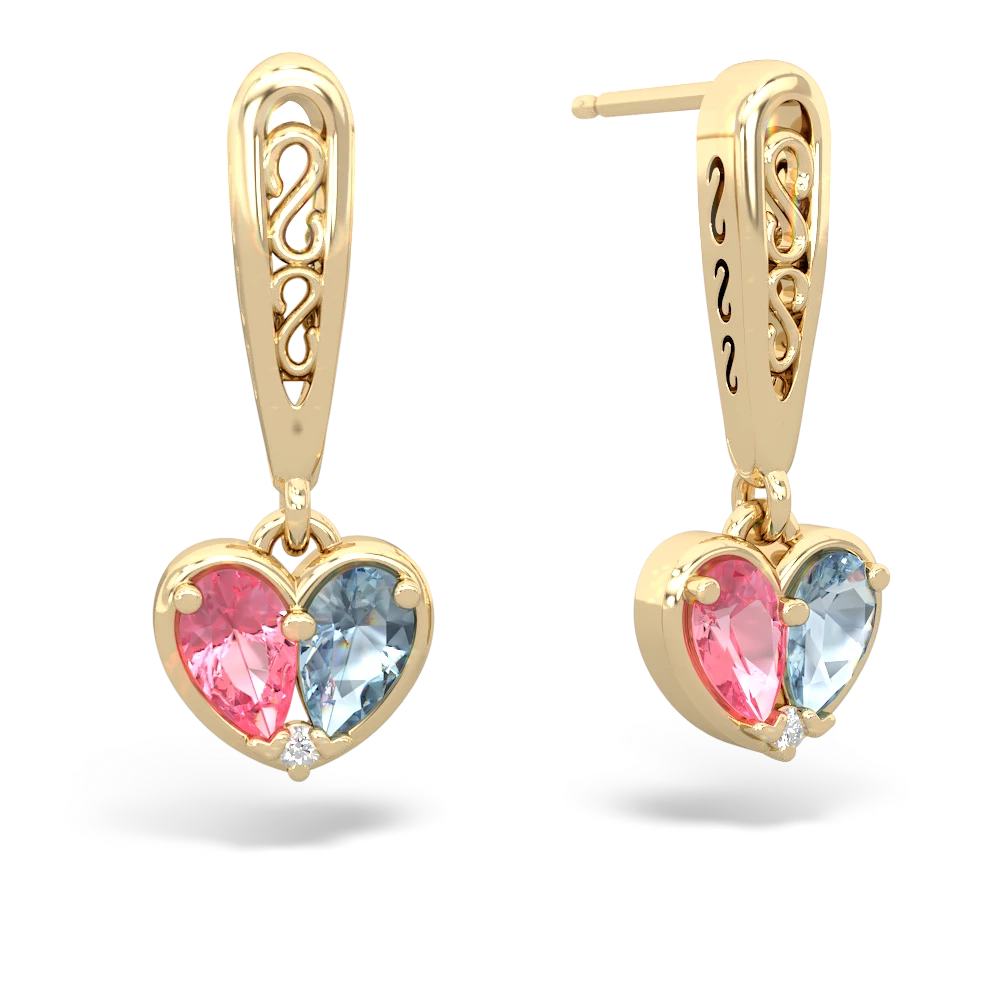 Lab Pink Sapphire Filligree Heart 14K Yellow Gold earrings E5070