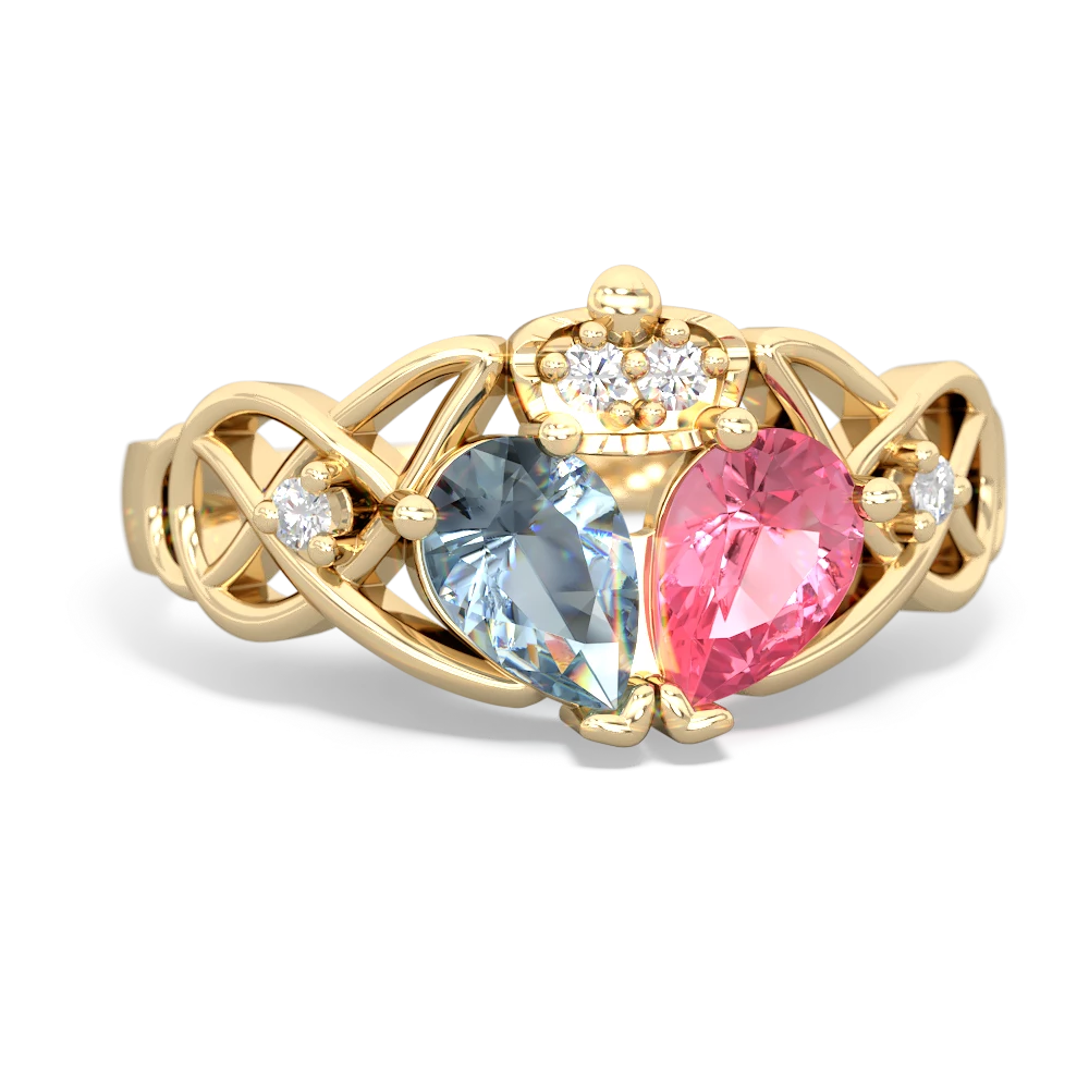 Lab Pink Sapphire 'One Heart' Celtic Knot Claddagh 14K Yellow Gold ring R5322