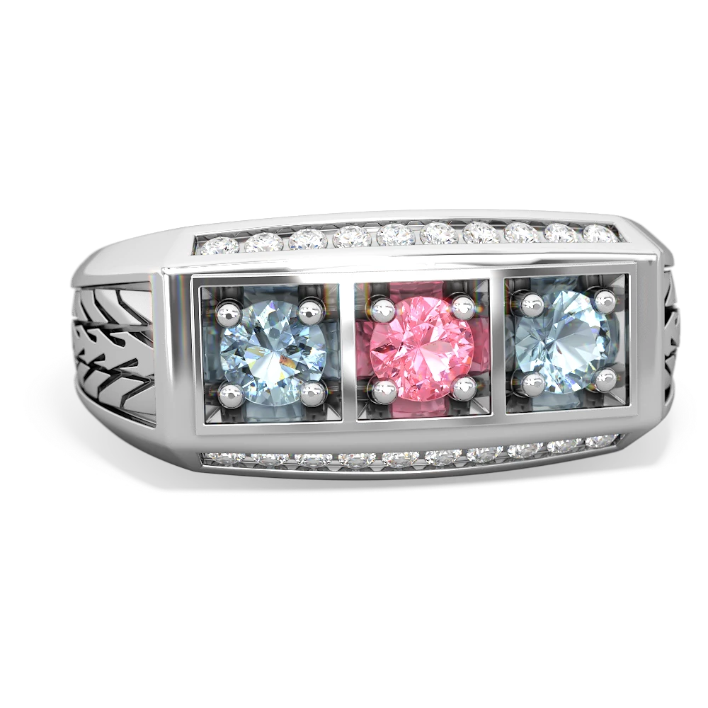 Lab Pink Sapphire Three Stone Tire Tread Men's 14K White Gold ring R0520