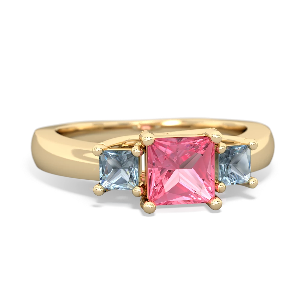 Lab Pink Sapphire Three Stone Trellis 14K Yellow Gold ring R4015