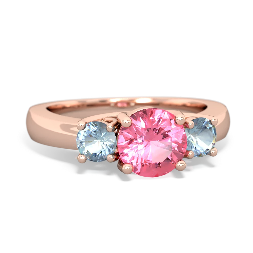 Lab Pink Sapphire Three Stone Round Trellis 14K Rose Gold ring R4018