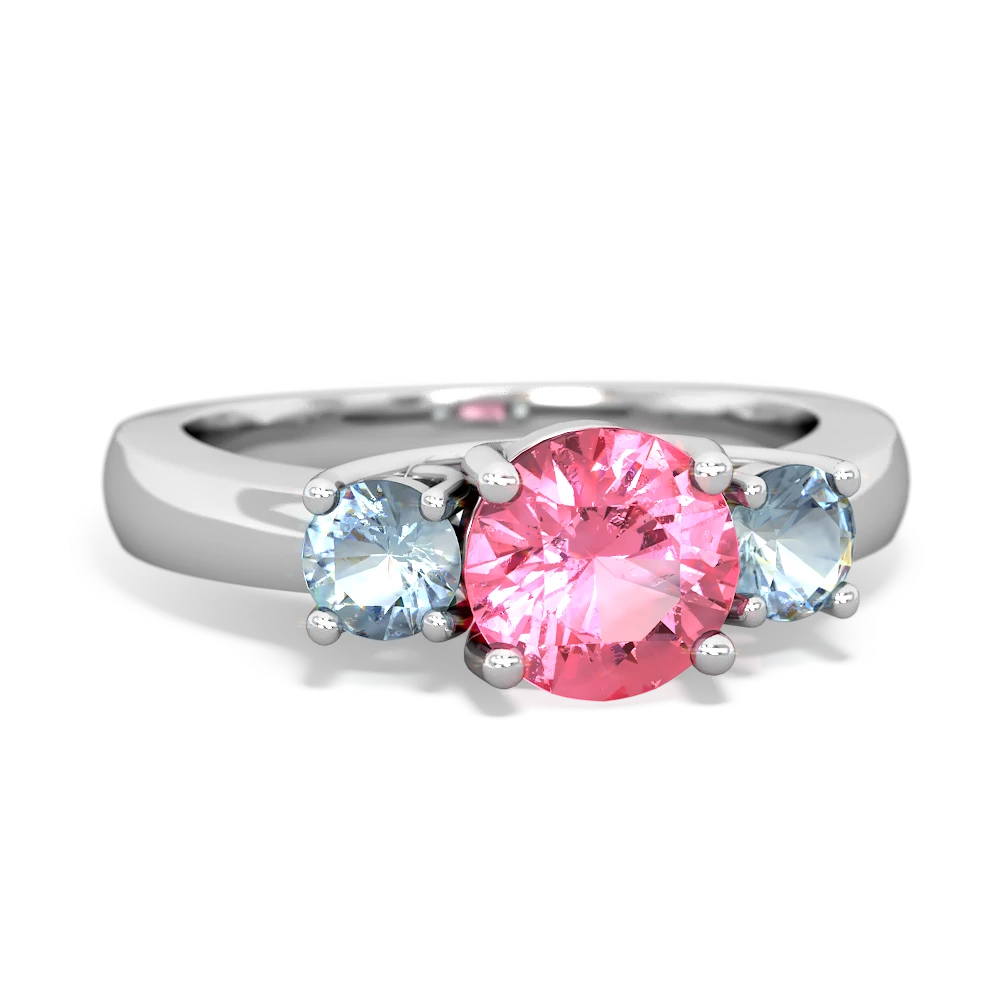 Lab Pink Sapphire Three Stone Round Trellis 14K White Gold ring R4018