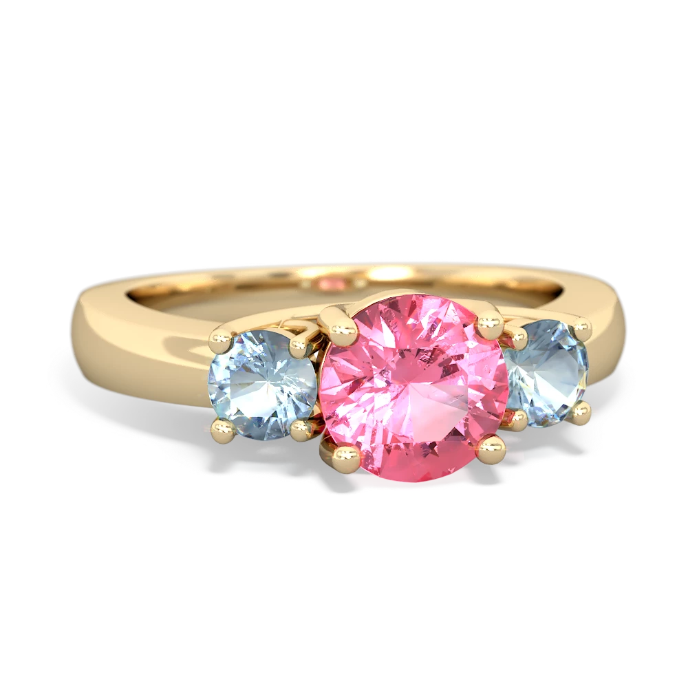 Lab Pink Sapphire Three Stone Round Trellis 14K Yellow Gold ring R4018