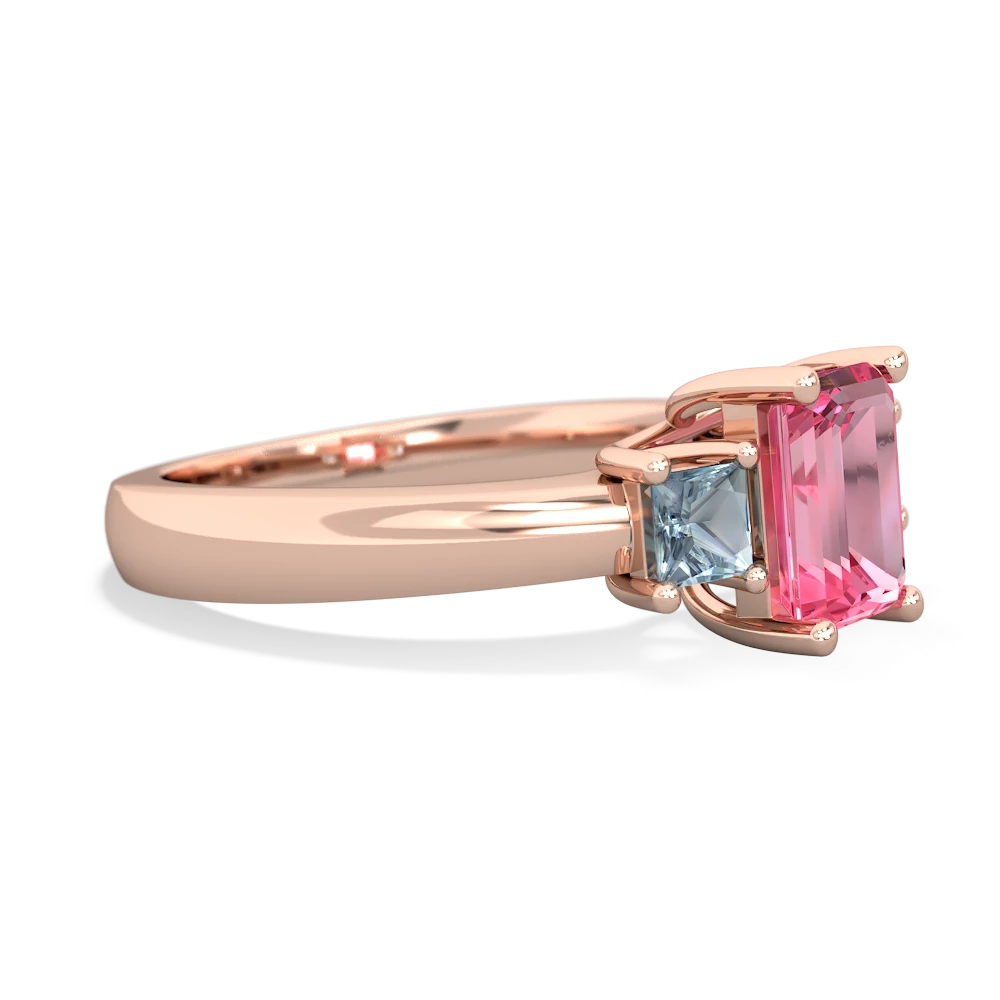 Lab Pink Sapphire Three Stone Emerald-Cut Trellis 14K Rose Gold ring R4021