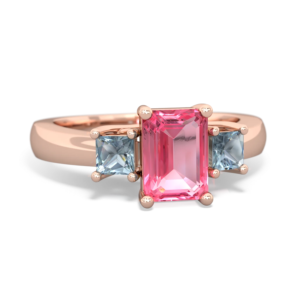 Lab Pink Sapphire Three Stone Emerald-Cut Trellis 14K Rose Gold ring R4021