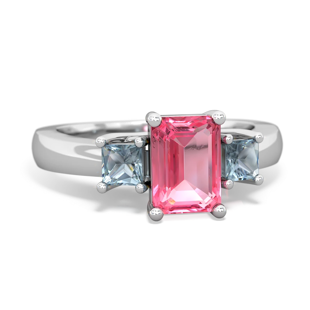 Lab Pink Sapphire Three Stone Emerald-Cut Trellis 14K White Gold ring R4021