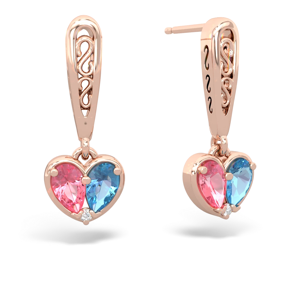 Lab Pink Sapphire Filligree Heart 14K Rose Gold earrings E5070