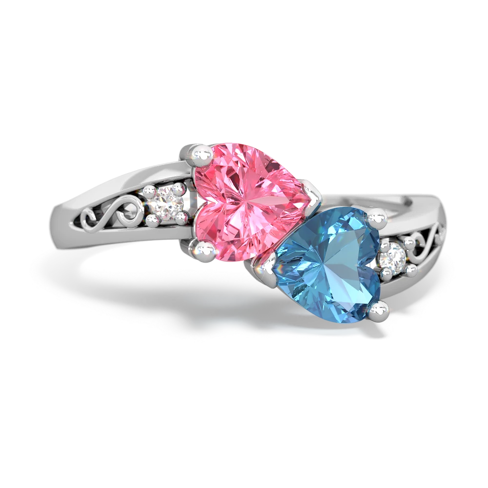 Lab Pink Sapphire Snuggling Hearts 14K White Gold ring R2178