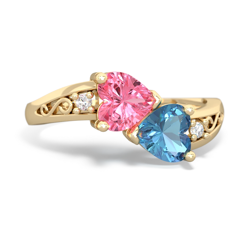 Lab Pink Sapphire Snuggling Hearts 14K Yellow Gold ring R2178