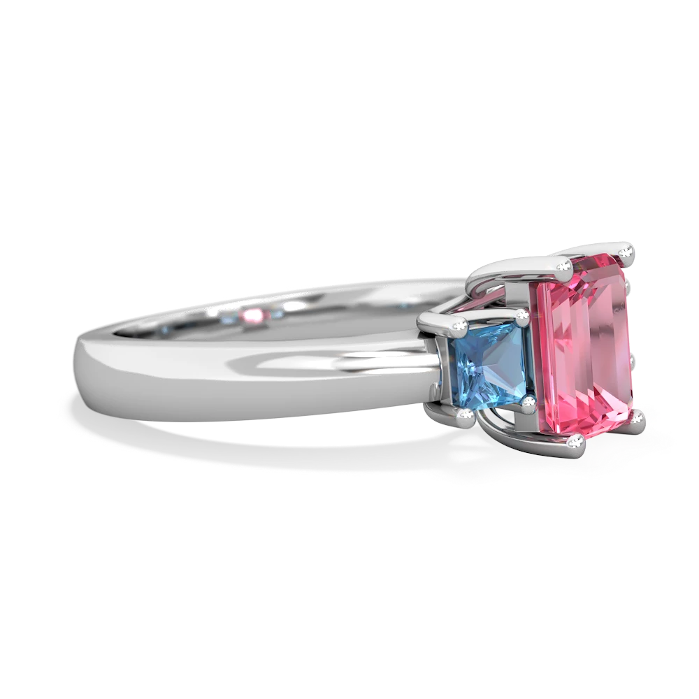 Lab Pink Sapphire Three Stone Emerald-Cut Trellis 14K White Gold ring R4021