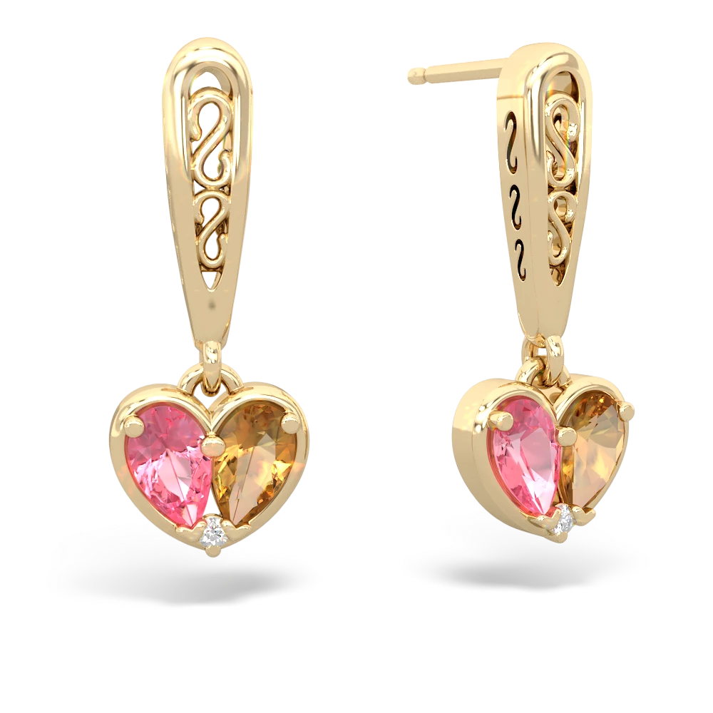 Lab Pink Sapphire Filligree Heart 14K Yellow Gold earrings E5070