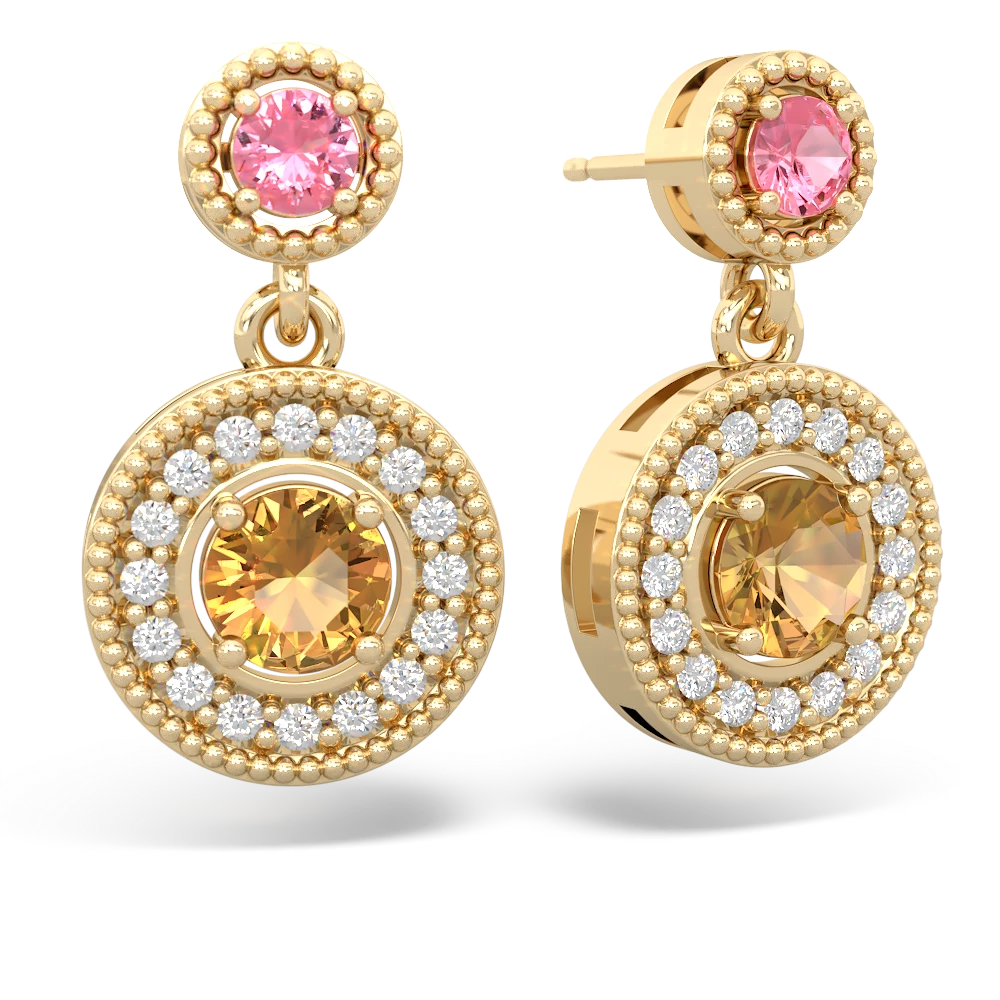 Lab Pink Sapphire Halo Dangle 14K Yellow Gold earrings E5319