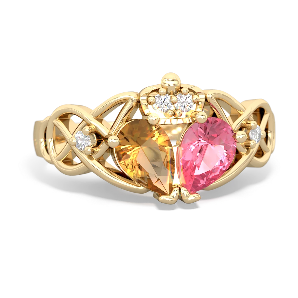 Lab Pink Sapphire 'One Heart' Celtic Knot Claddagh 14K Yellow Gold ring R5322