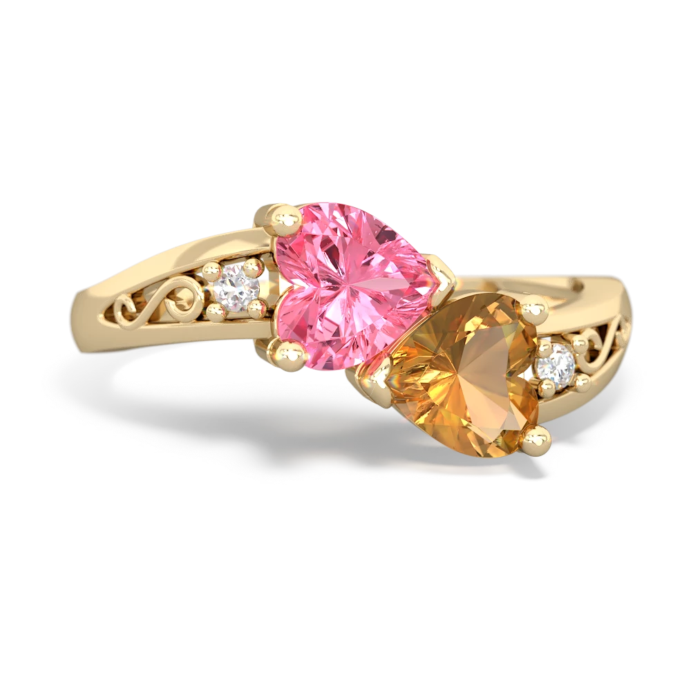 Lab Pink Sapphire Snuggling Hearts 14K Yellow Gold ring R2178