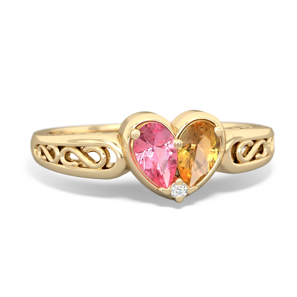 Lab Pink Sapphire Filligree 'One Heart' 14K Yellow Gold ring R5070