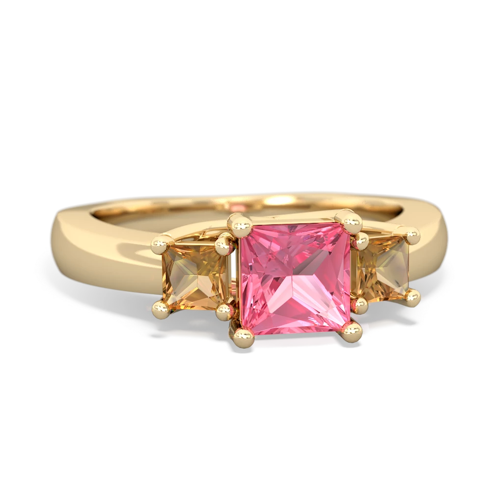 Lab Pink Sapphire Three Stone Trellis 14K Yellow Gold ring R4015