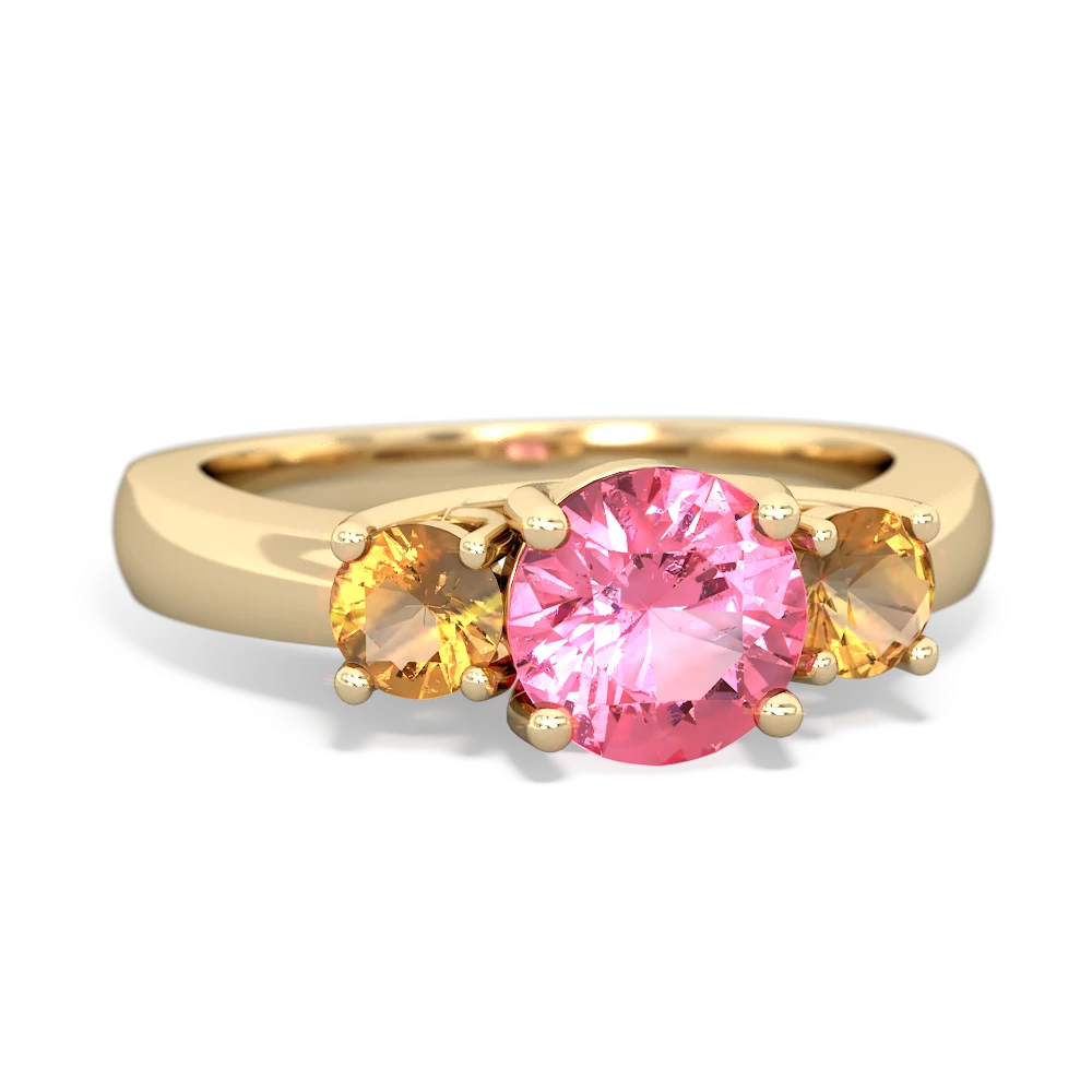 Lab Pink Sapphire Three Stone Round Trellis 14K Yellow Gold ring R4018