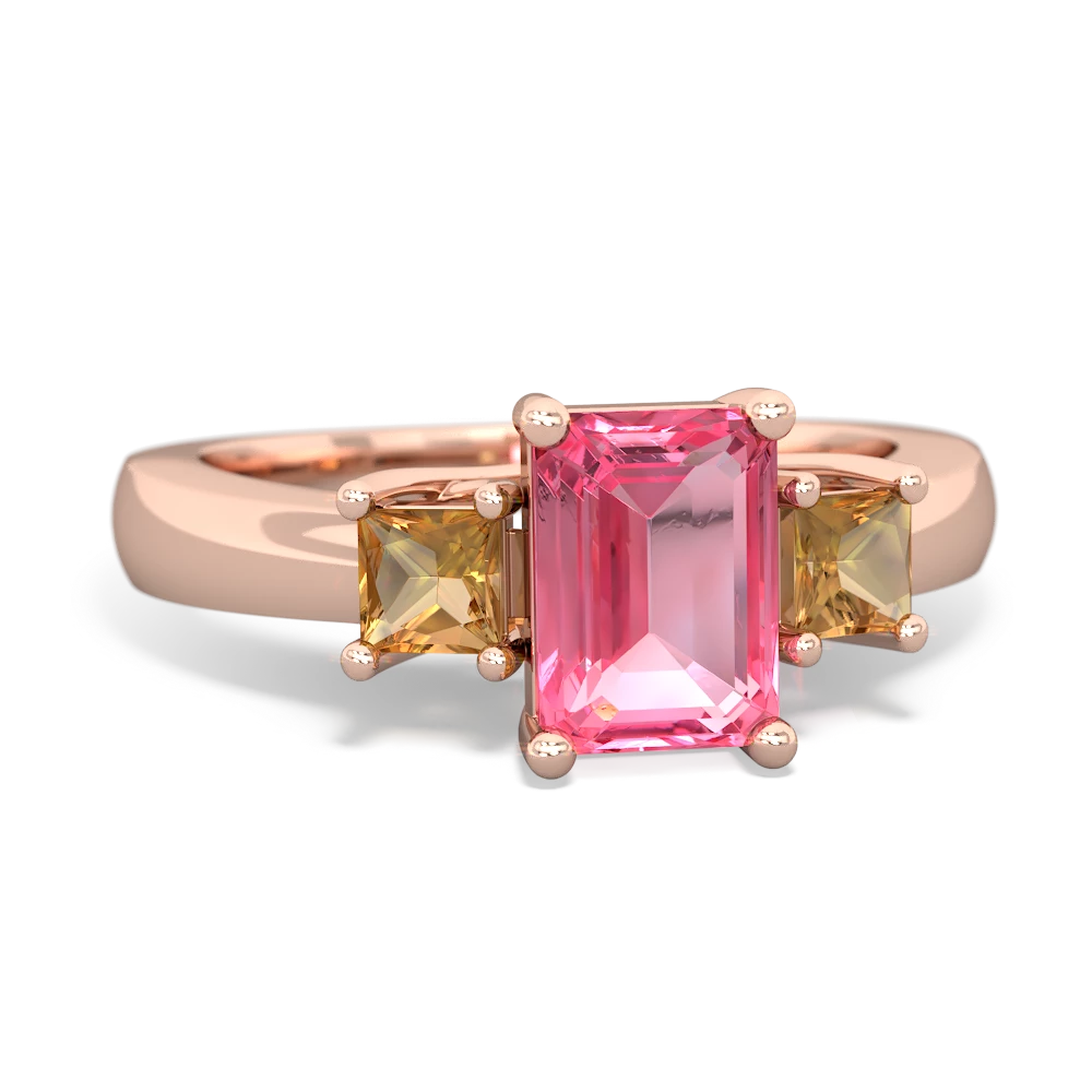 Lab Pink Sapphire Three Stone Emerald-Cut Trellis 14K Rose Gold ring R4021