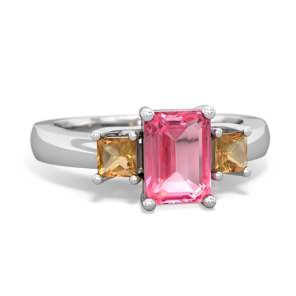 Lab Pink Sapphire Three Stone Emerald-Cut Trellis 14K White Gold ring R4021