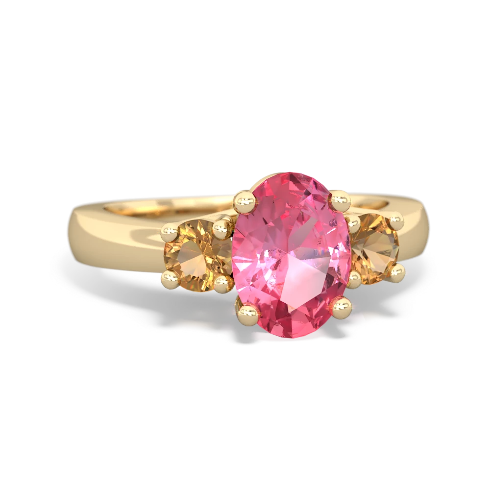 Lab Pink Sapphire Three Stone Oval Trellis 14K Yellow Gold ring R4024