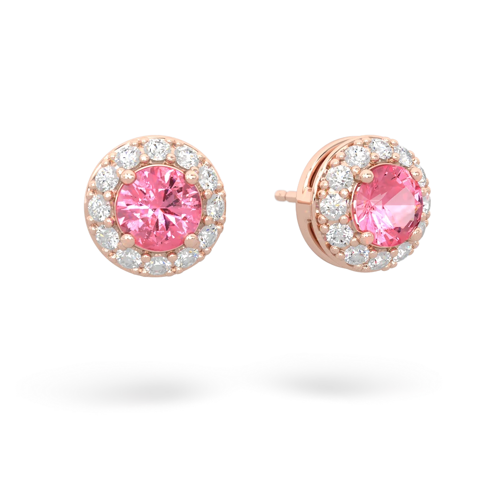 Lab Pink Sapphire Diamond Halo 14K Rose Gold earrings E5370