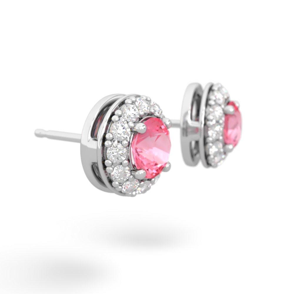 Lab Pink Sapphire Diamond Halo 14K White Gold earrings E5370