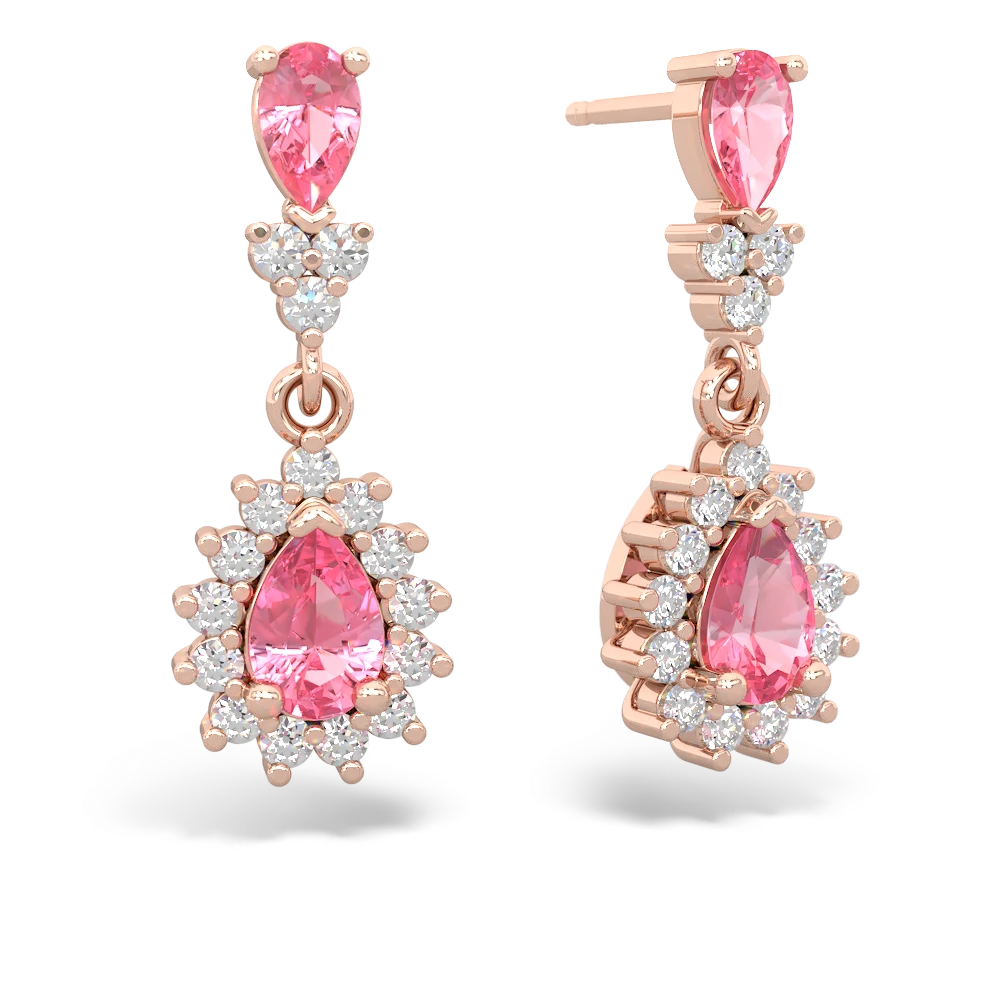 Lab Pink Sapphire Halo Pear Dangle 14K Rose Gold earrings E1882