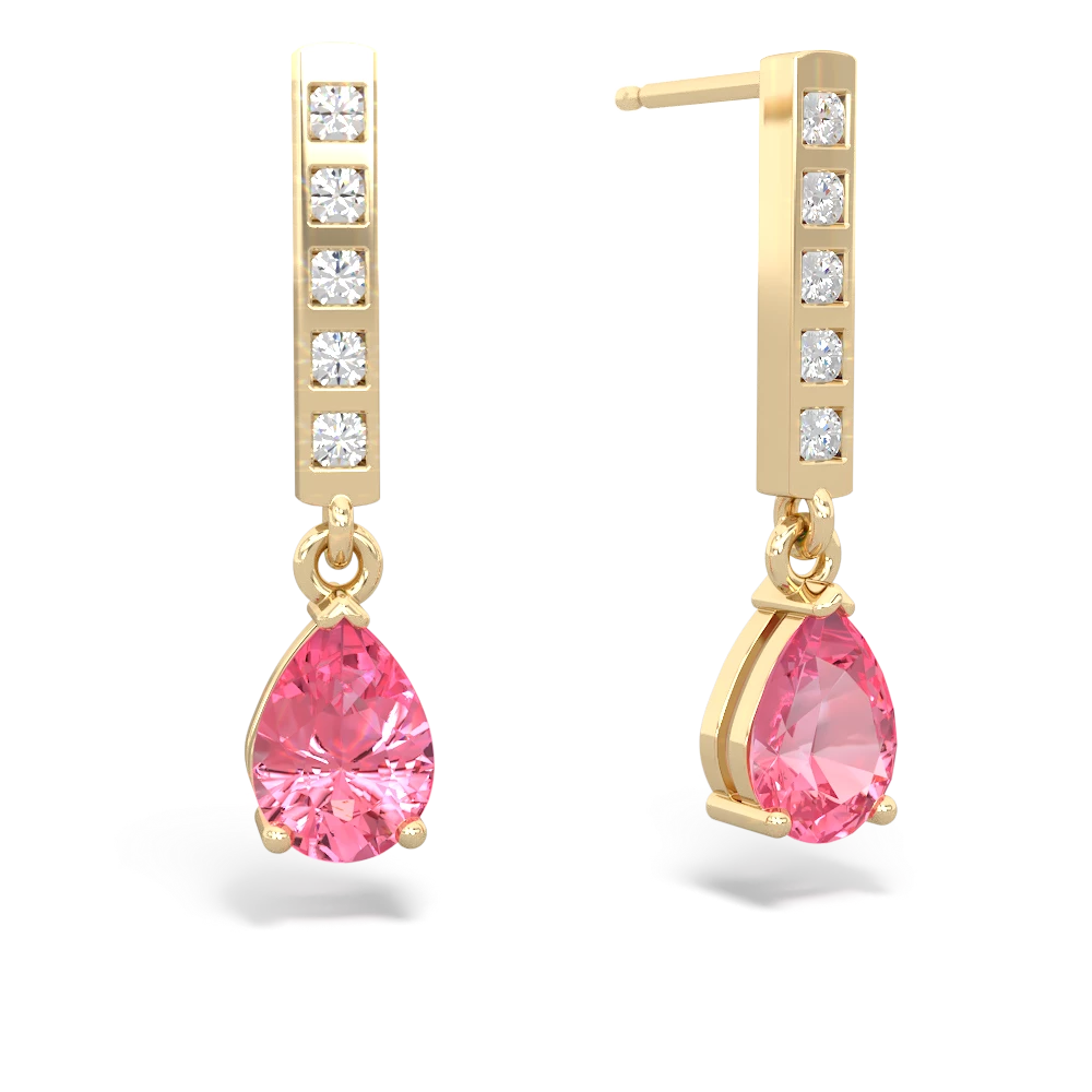 Lab Pink Sapphire Art Deco Diamond Drop 14K Yellow Gold earrings E5324