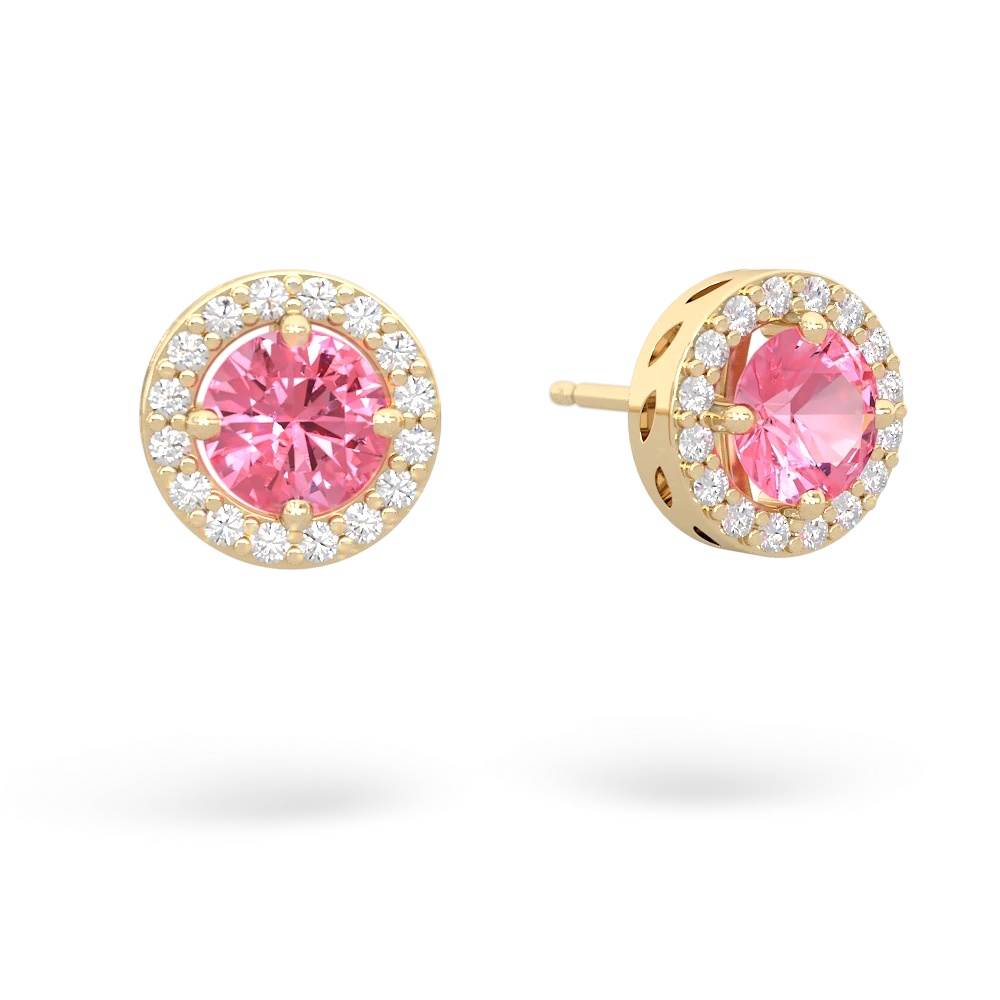 Lab Pink Sapphire Halo 14K Yellow Gold earrings E5320