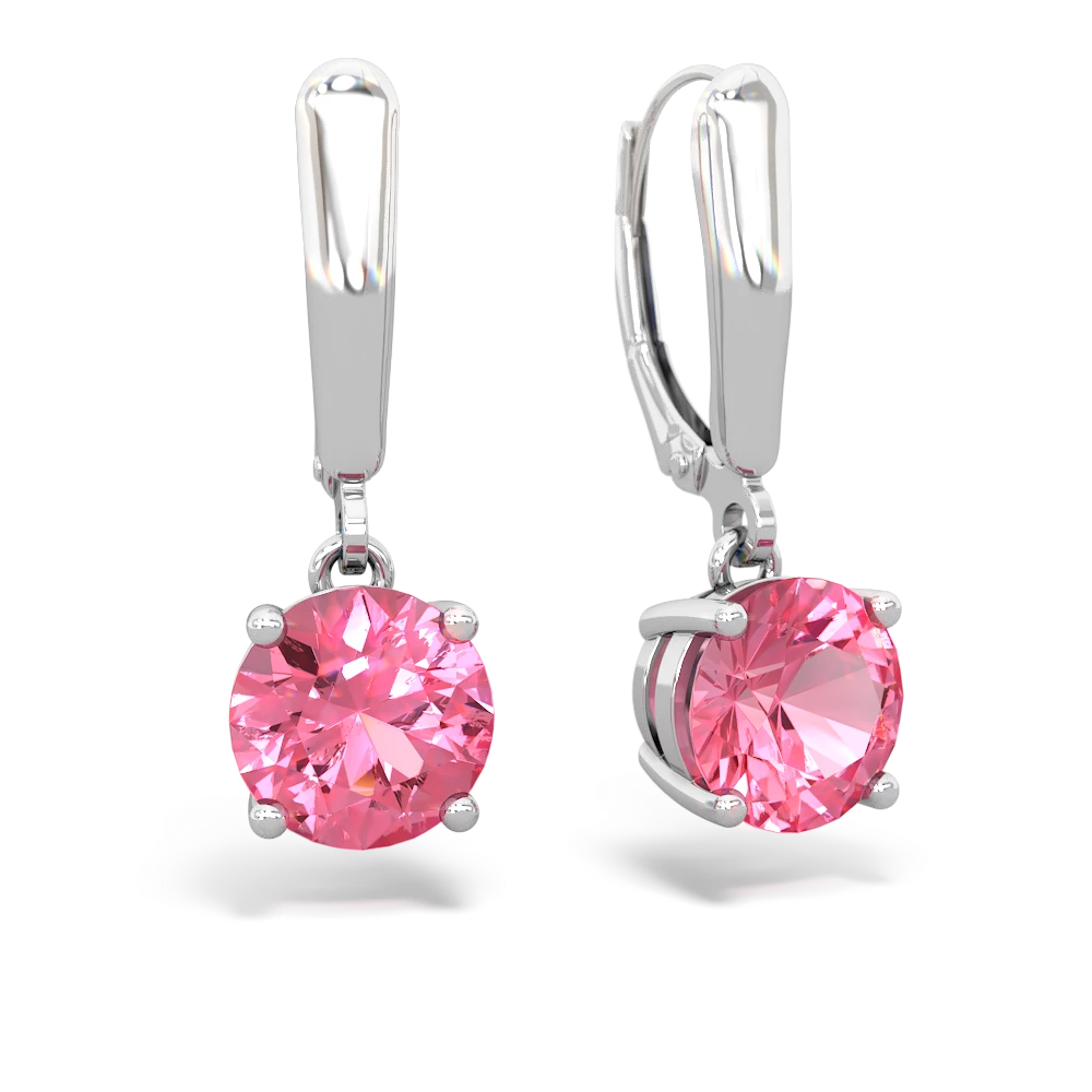 Lab Pink Sapphire 8Mm  Round Lever Back 14K White Gold earrings E2788