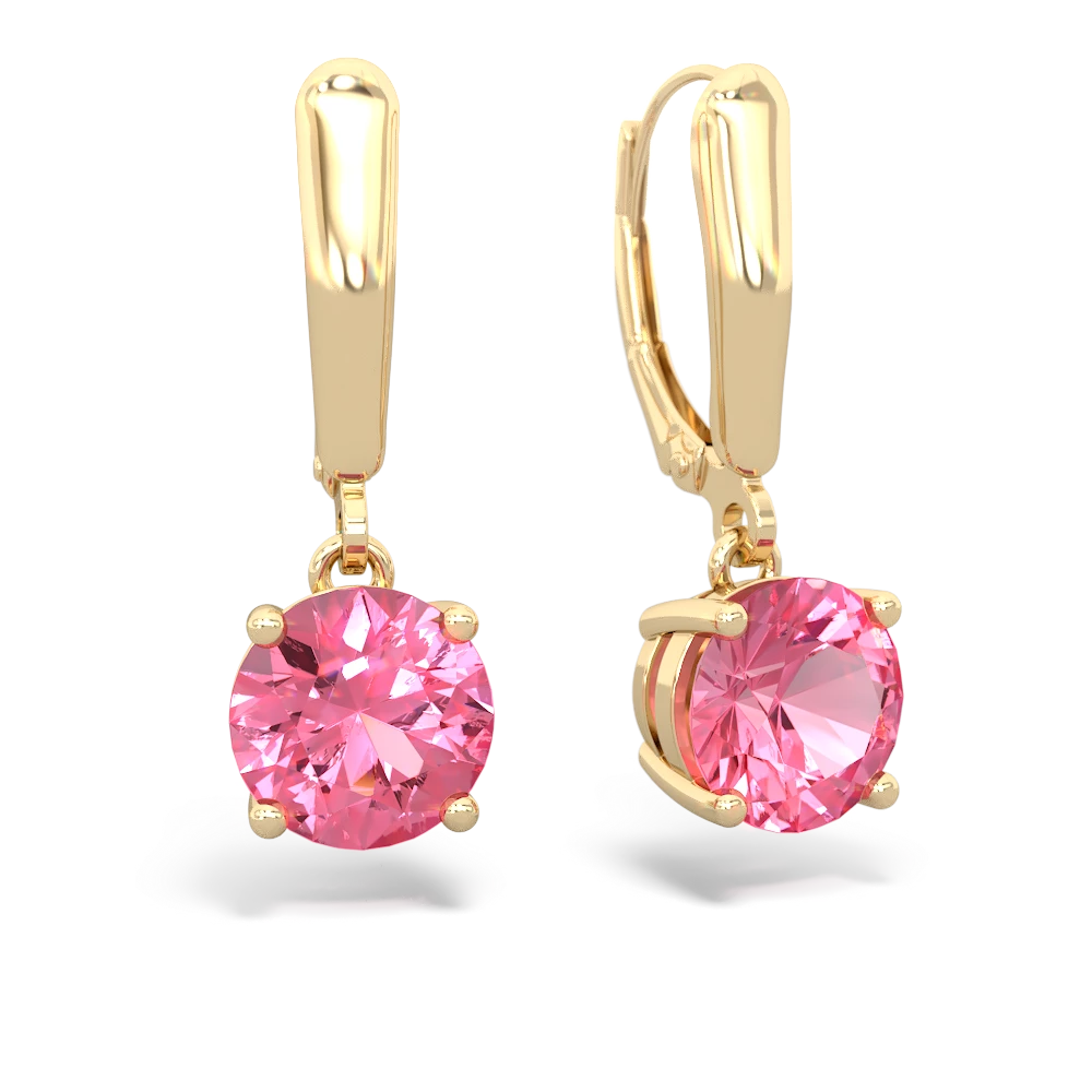 Lab Pink Sapphire 8Mm Round Lever Back 14K Yellow Gold earrings E2788