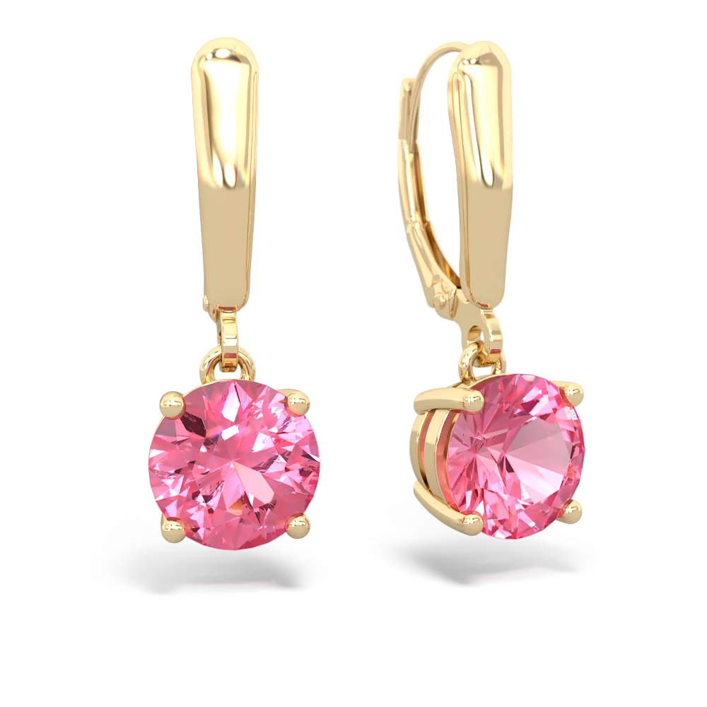 Lab Pink Sapphire 8Mm  Round Lever Back 14K Yellow Gold earrings E2788