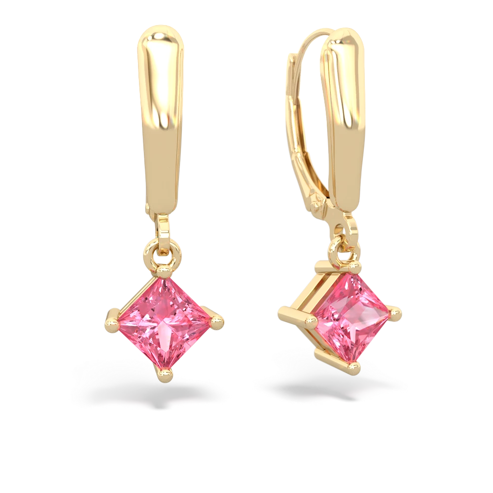 Lab Pink Sapphire 6Mm Princess Lever Back 14K Yellow Gold earrings E2789