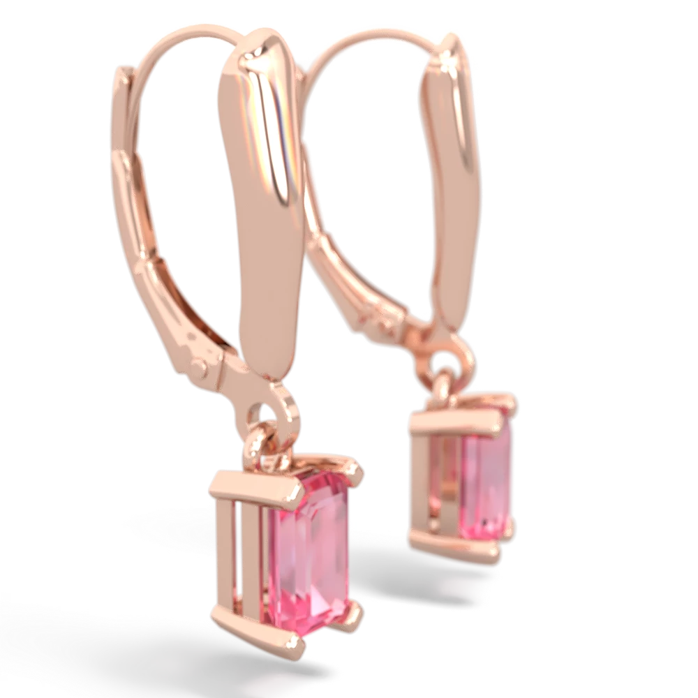 Lab Pink Sapphire 6X4mm Emerald-Cut Lever Back 14K Rose Gold earrings E2855