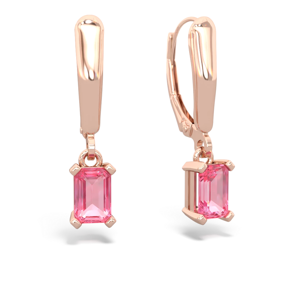 Lab Pink Sapphire 6X4mm Emerald-Cut Lever Back 14K Rose Gold earrings E2855