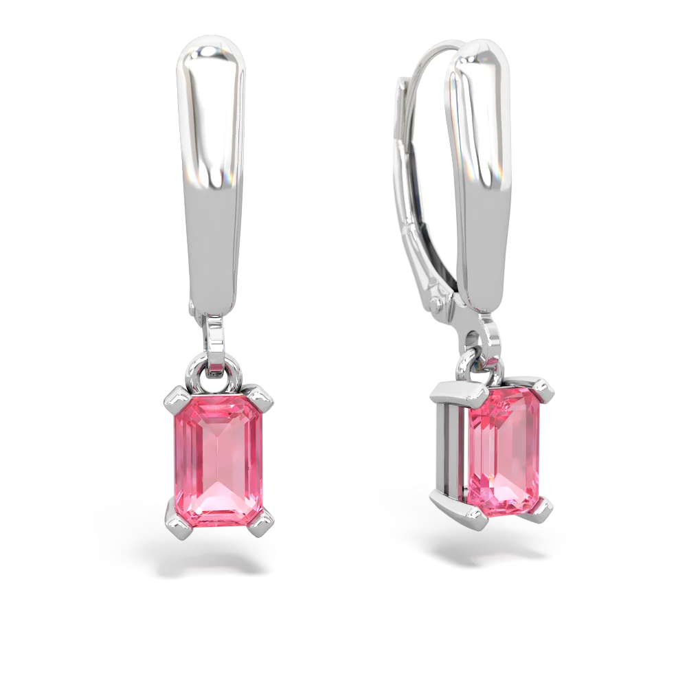 Lab Pink Sapphire 6X4mm Emerald-Cut Lever Back 14K White Gold earrings E2855
