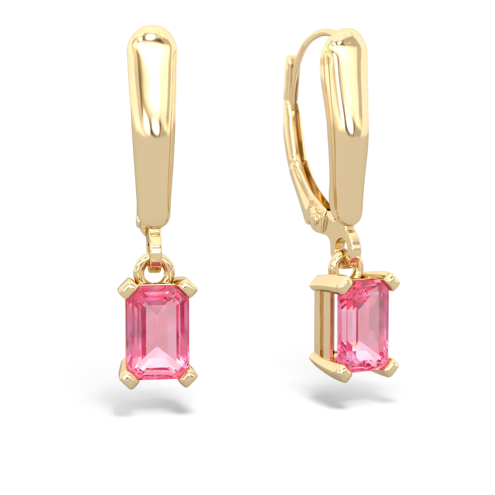 Lab Pink Sapphire 6X4mm Emerald-Cut Lever Back 14K Yellow Gold earrings E2855