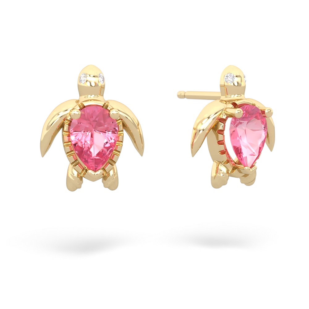 Lab Pink Sapphire Baby Sea Turtle 14K Yellow Gold earrings E5241