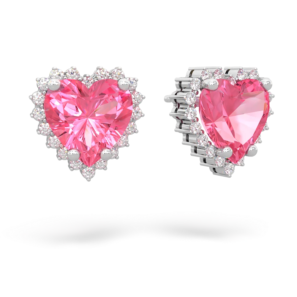 Lab Pink Sapphire Sparkling Halo Heart 14K White Gold earrings E0391